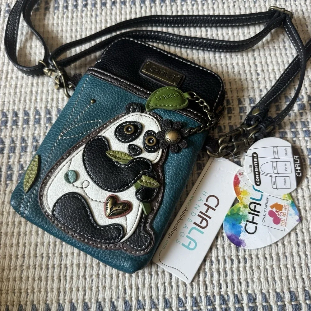 NEW CHALA TURQUOISE PANDA BAMBOO CELL PHONE CROSSBODY PURSE STRAP BLACK WHITE